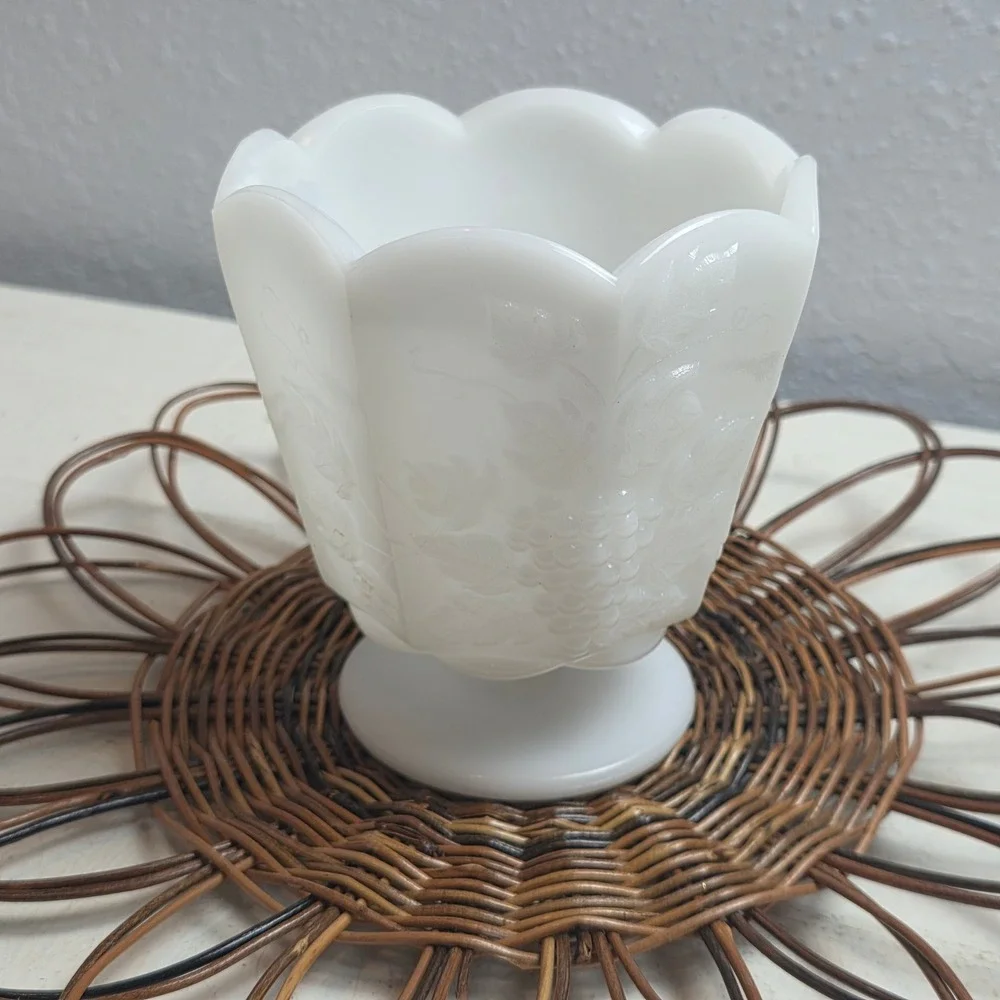 Vintage E.O. Brody Co White Milk‎ Glass Foot Planter Grape & Leaf Scalloped Rim